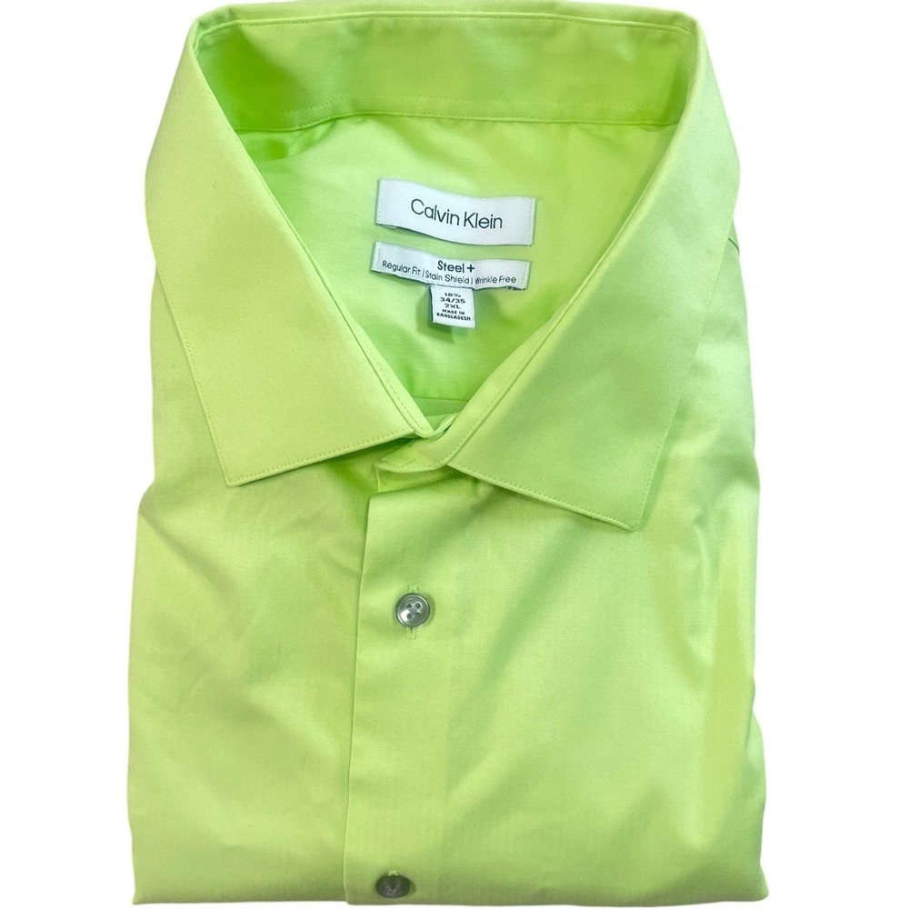 Calvin Klein Steel+ Green 2XL 18.5 34/35 Dress Shirt Wrinkle Free Spread Collar